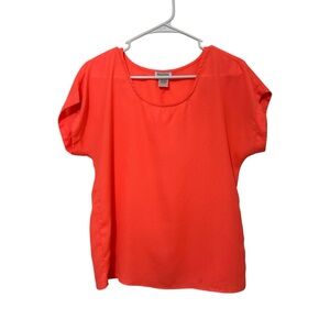 Dizzylissy Neon Coral Orange Short Sleeve Scoop Neck Blouse
